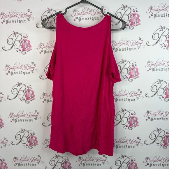 Ricki's tshirt top cold shoulder open pink Fuchsia Feather 🪶 Print Tunic - Picture 2 of 10